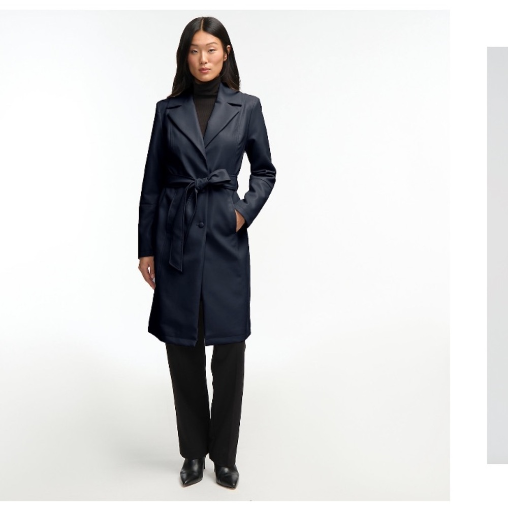 Badgley Mischka Yasmeen Womens Navy Blue Faux Leather Trench Coat Sz M New